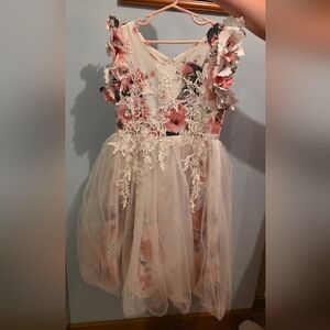 Floral Lace Kids Formal Dress - Pink and White - size 10